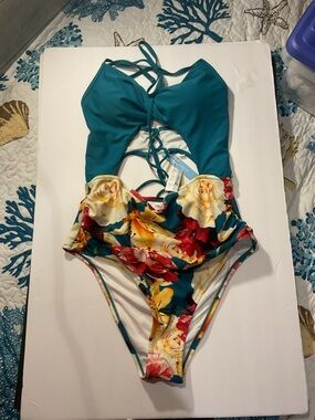 NWT Cupshe Teal Floral Lace-Up Kids One-Piece Swimsuit